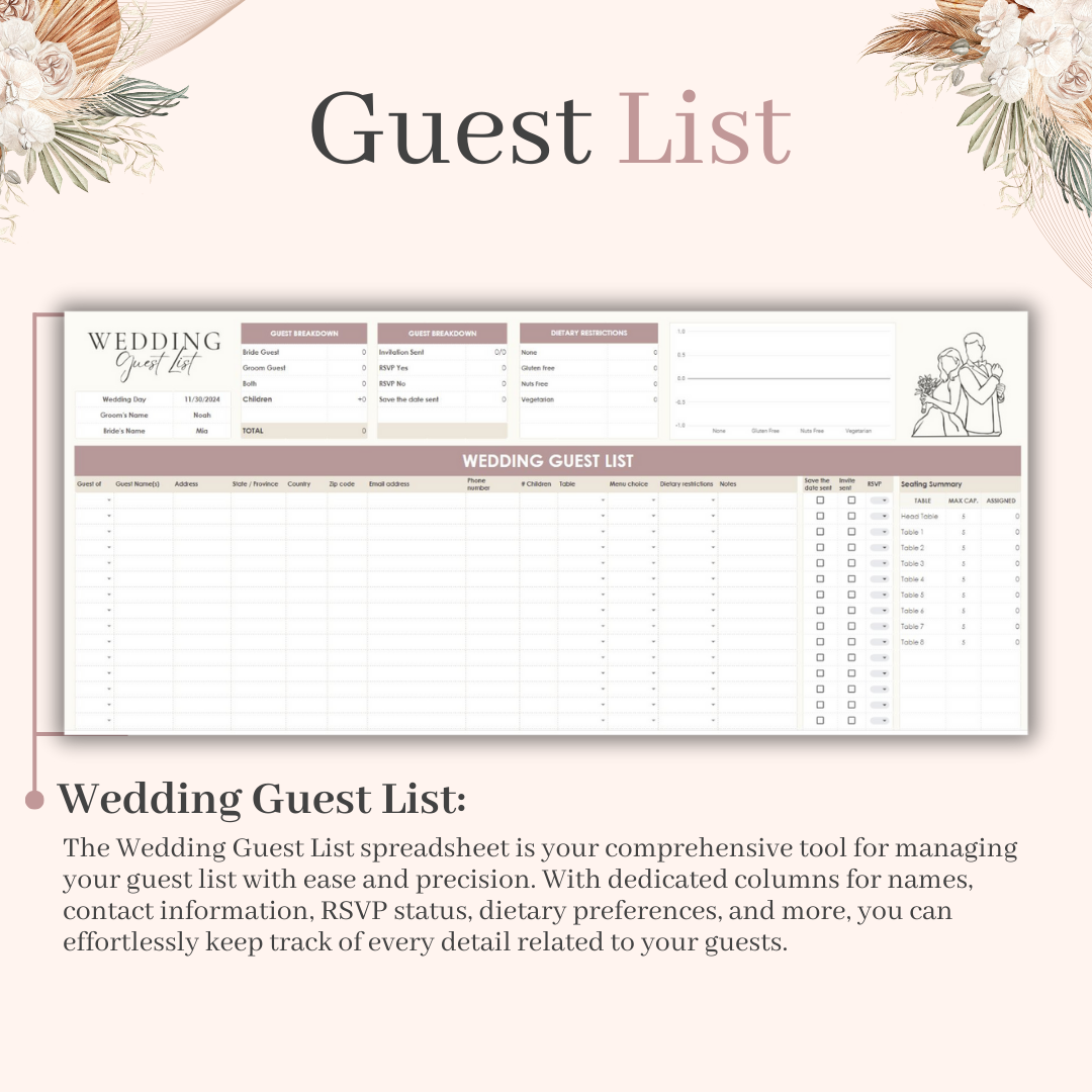 Wedding Spreadsheet With 6 Different Planning Tabs